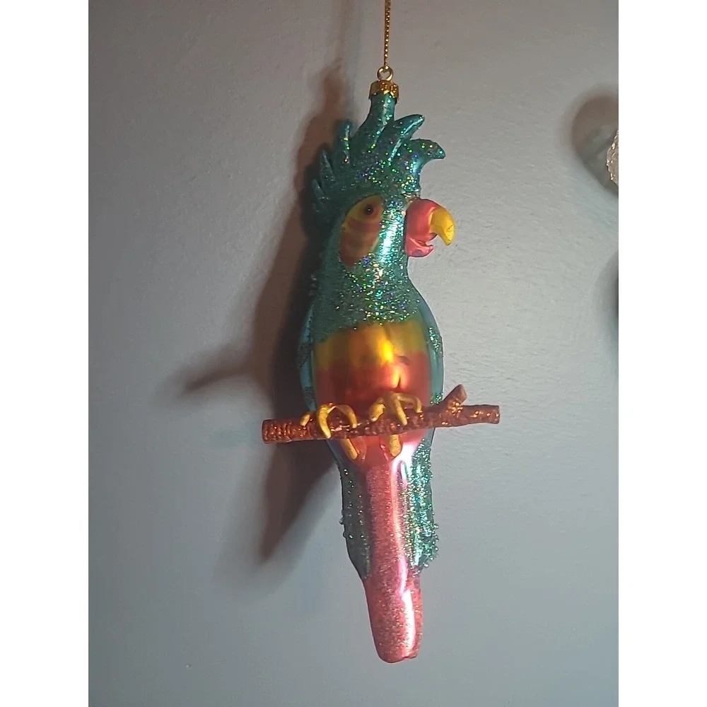 Lot 4 Blown Glass Bird Christmas‎ Ornaments Sparkly Glitter Parrot Owl Cardinal